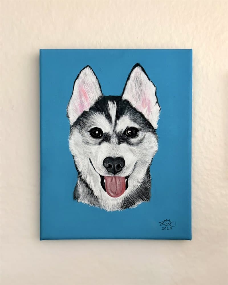 Hand-painted husky portrait on canvas with a blue background