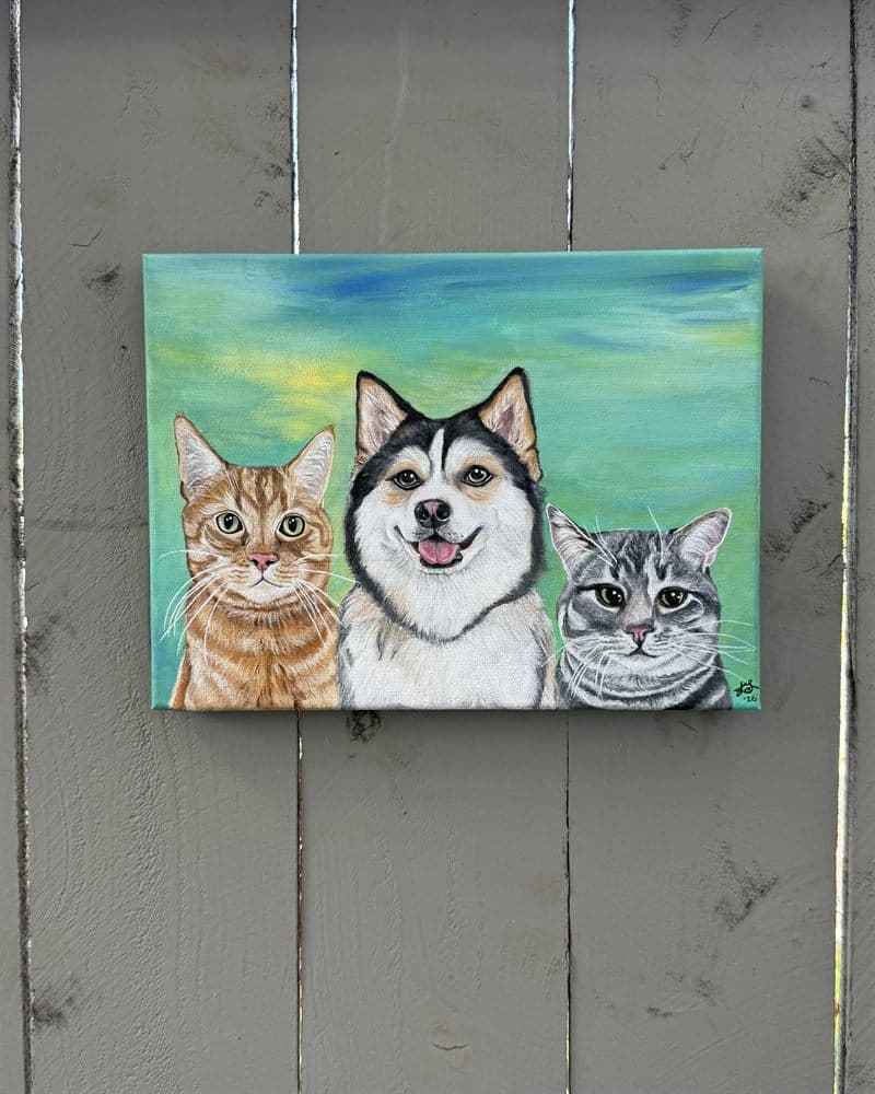 Hand-painted canvas of an orange tabby, a husky, and a grey tabby on a teal background